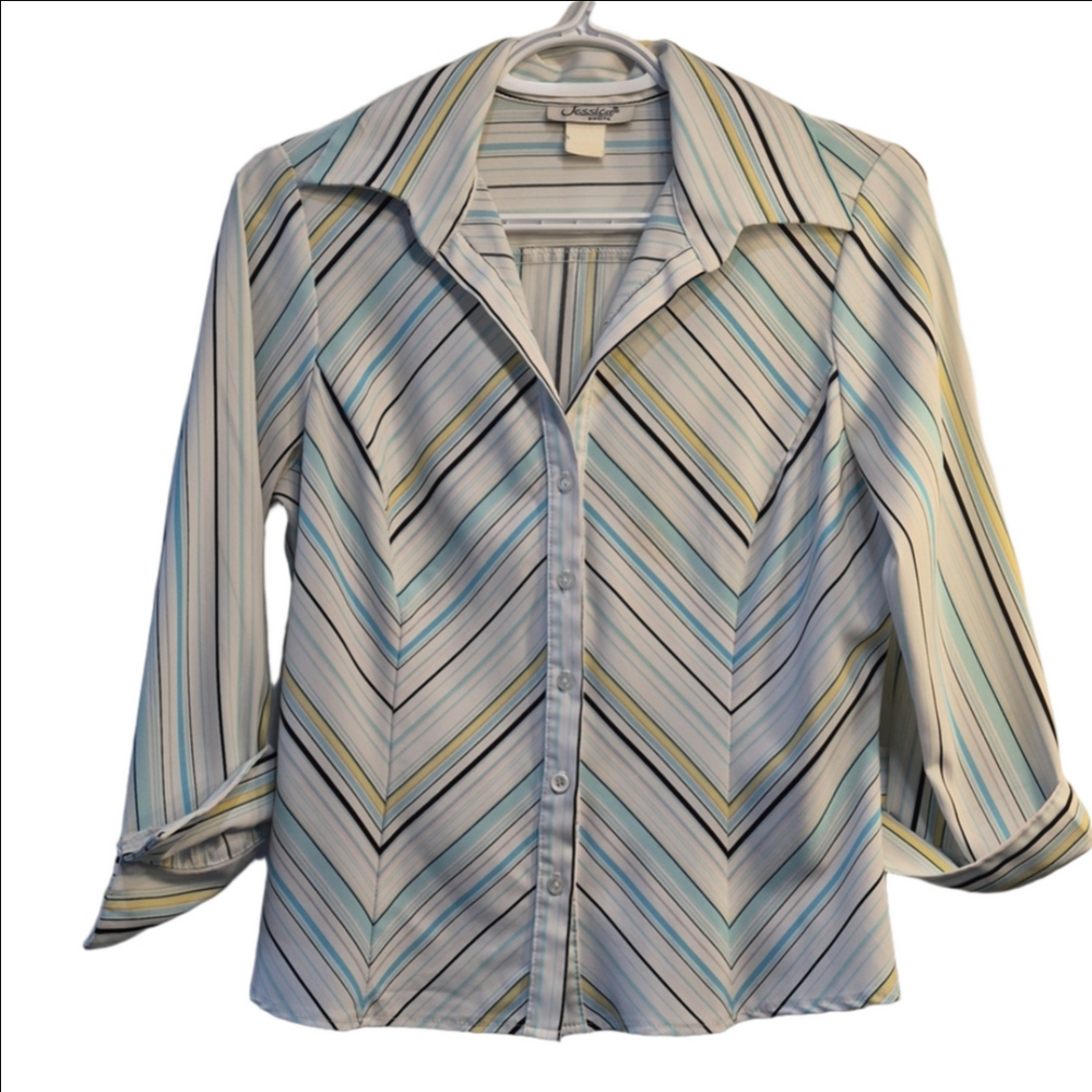 Jessica Petite Light Blue White Black Striped Knit Top